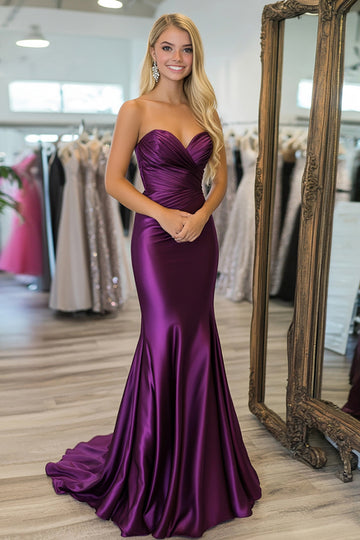 Plum Ruched Satin Sheath Sweetheart Prom Dress